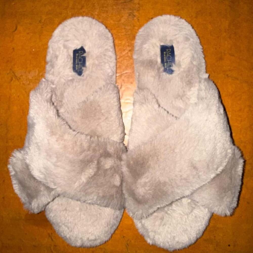 Rachel Roy Gray Faux Fur Crossband Slippers L 9-10